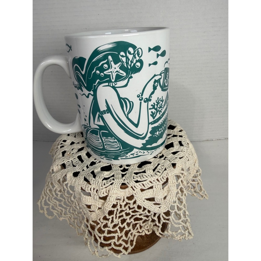 Primitives by Kathy Mermaids Need Coffee Too Ceramic Mug Teal White Nautical